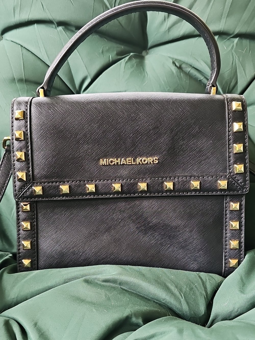 Michael Kors Black Leather Top-Handle Satchel with Gold Studs